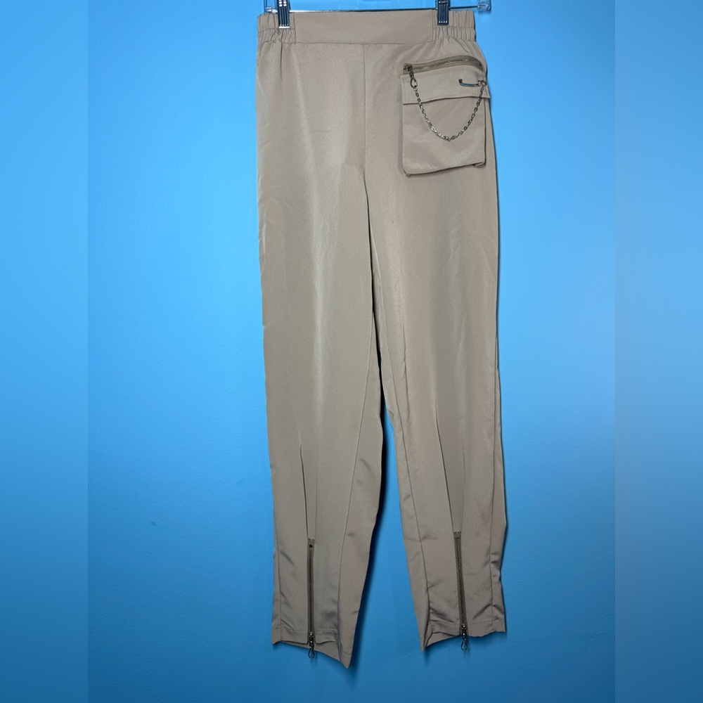 Sonesta Women's XS Taupe Elastic Waist Joggers with Ankle Zips and Chain Detail